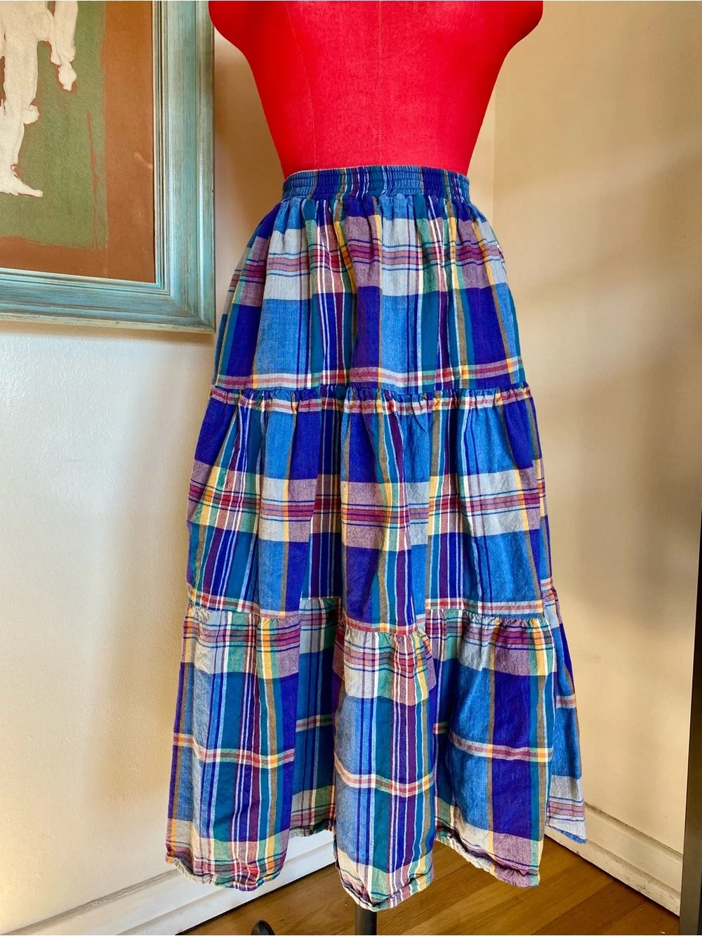 Blue Plaid Tiered Midi Skirt
